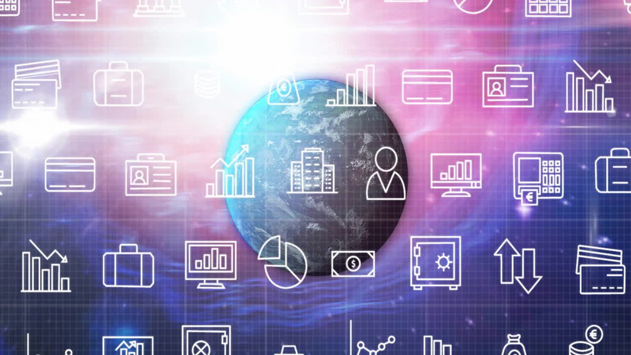 animación de iconos comerciales y procesamiento de datos en todo el mundo