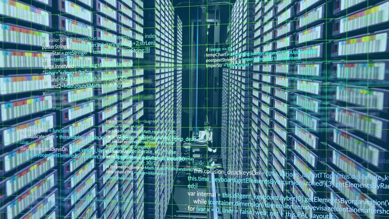Animation of computer language and grid over data server racks
