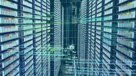 Animation-of-computer-language-and-grid-over-data-server-racks