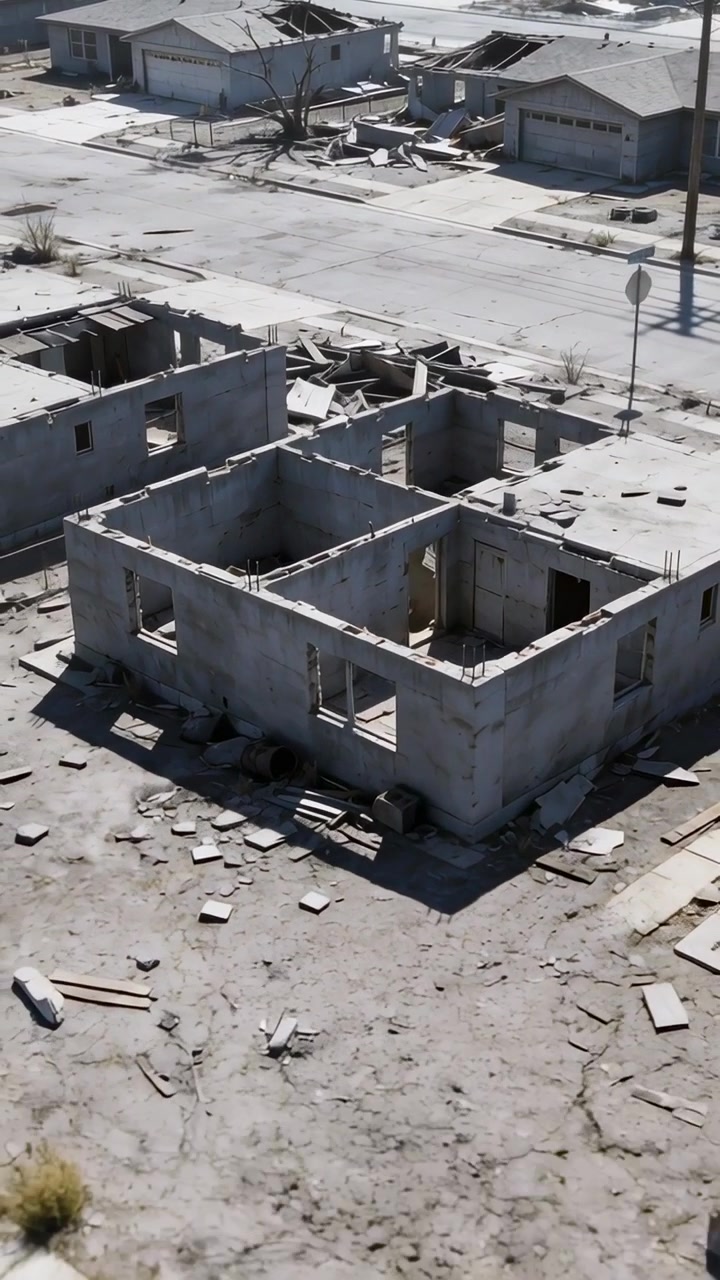 Video verticale: Inizio della discesa di un drone che rivela una struttura in cemento in un terreno sabbioso, con tondini di armatura che mostrano danni.
