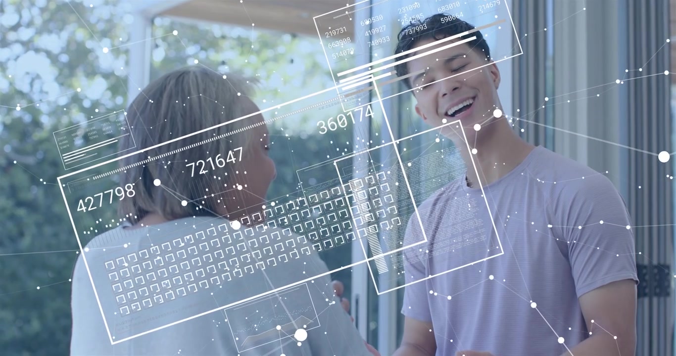 Senior woman arriving sliding glass door greeting grandson, home tech panels updating numeric grids