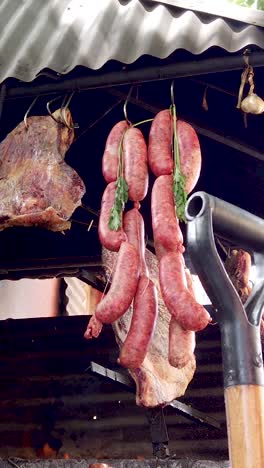 carne argentina asado, chorizo cuelga sobre el fuego de la parrilla de fumar, comida tradicional de primer plano vertical