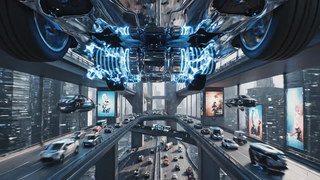 Futuristic City Highway with Electric Cars