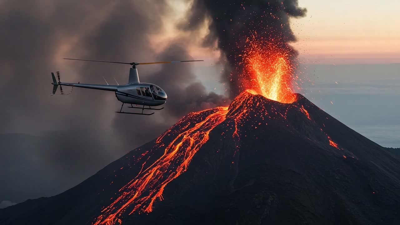 Stunning Aerial View of Erupting Volcano with Helicopter Nearby, Showcasing Lava Flow and Ash Plume Against a Dramatic Sunset Sky
