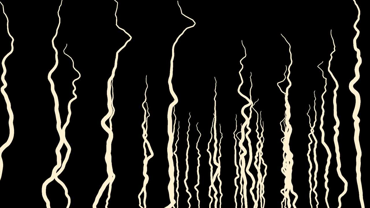 abstracto blanco colgando tentáculos estrechos en un fondo negro, bucle sin costuras. diseño. tallos curvos de planta alienígena, monocromático