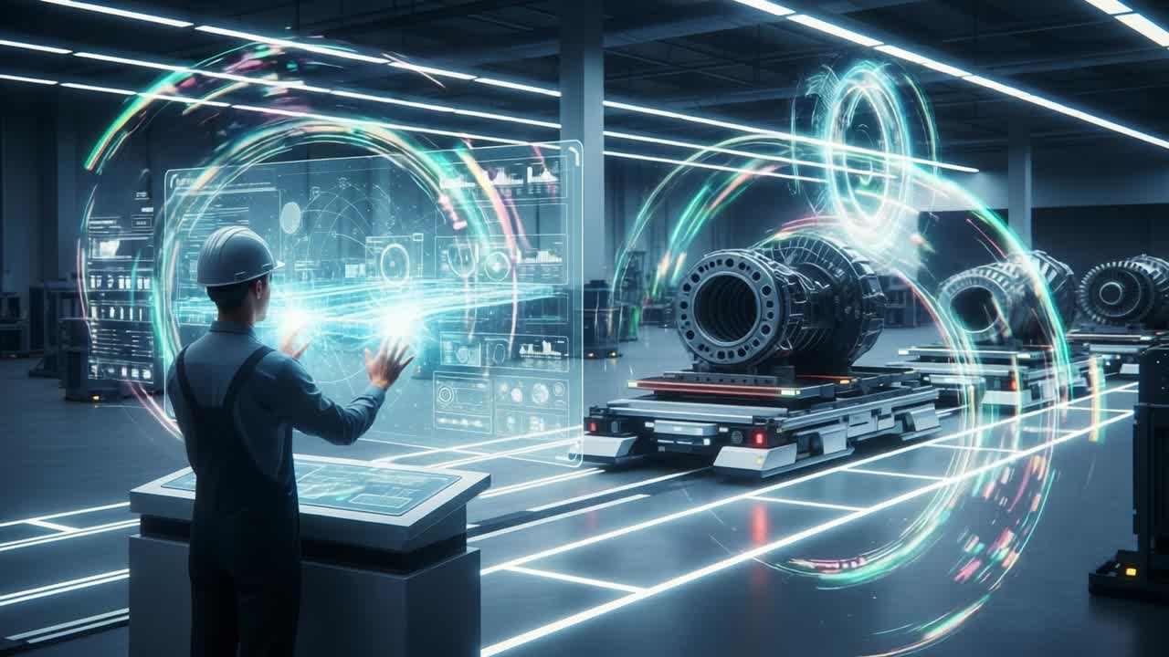Innovative Industry: A Worker Interacts with Advanced Technology in a Futuristic Manufacturing Facility, Displaying Holographic Data and Machinery in a High-Tech Production Environment
