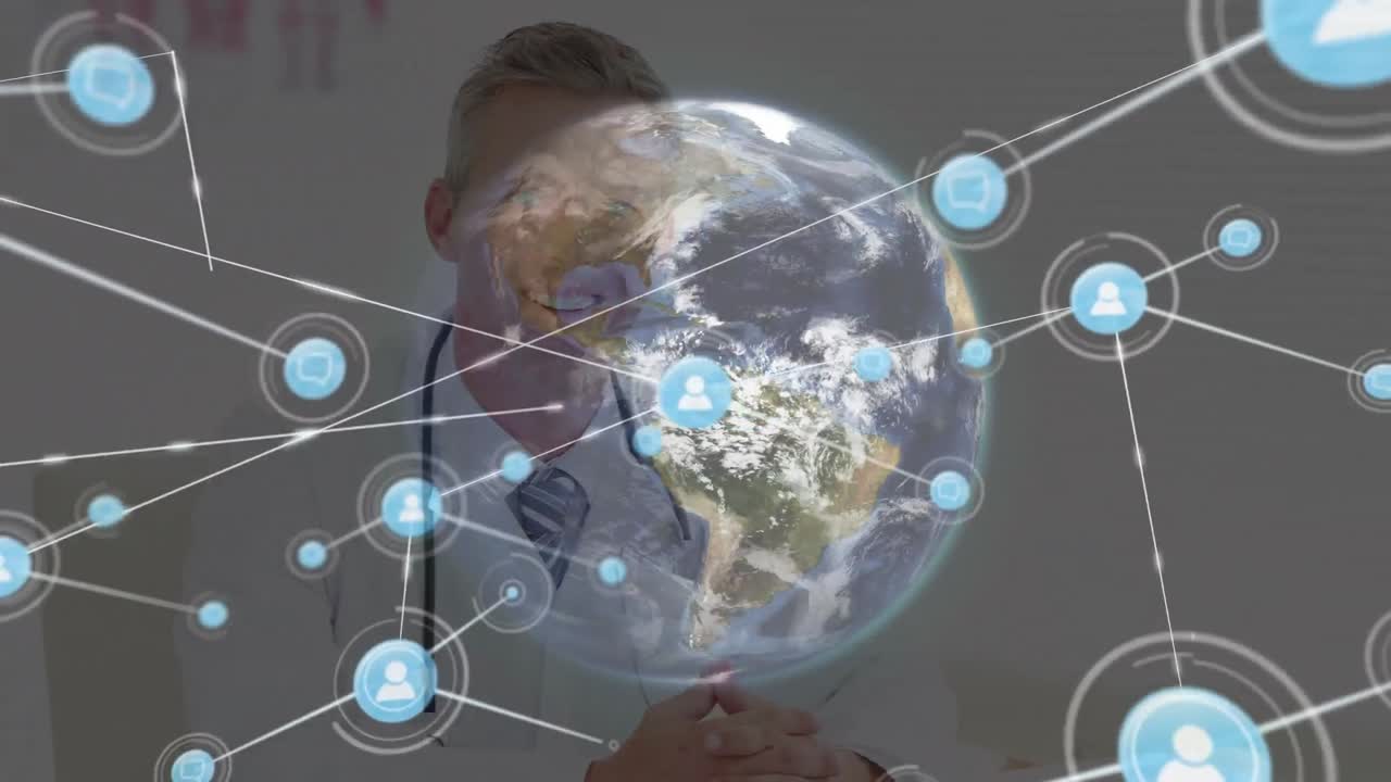 animación de la red de conexiones un globo sobre el médico caucásico