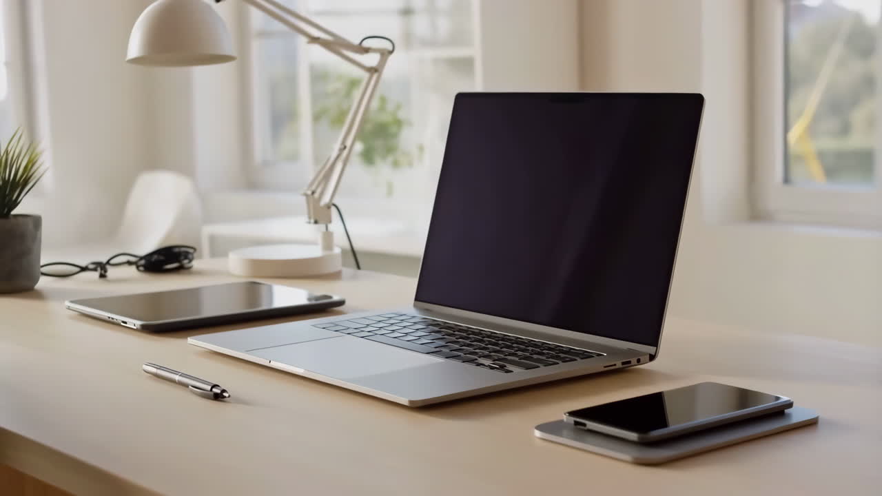 Modern Home Office Desk with Laptop and Digital Devices