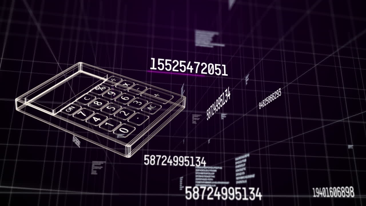 Animation of calculator icon over data processing on black background