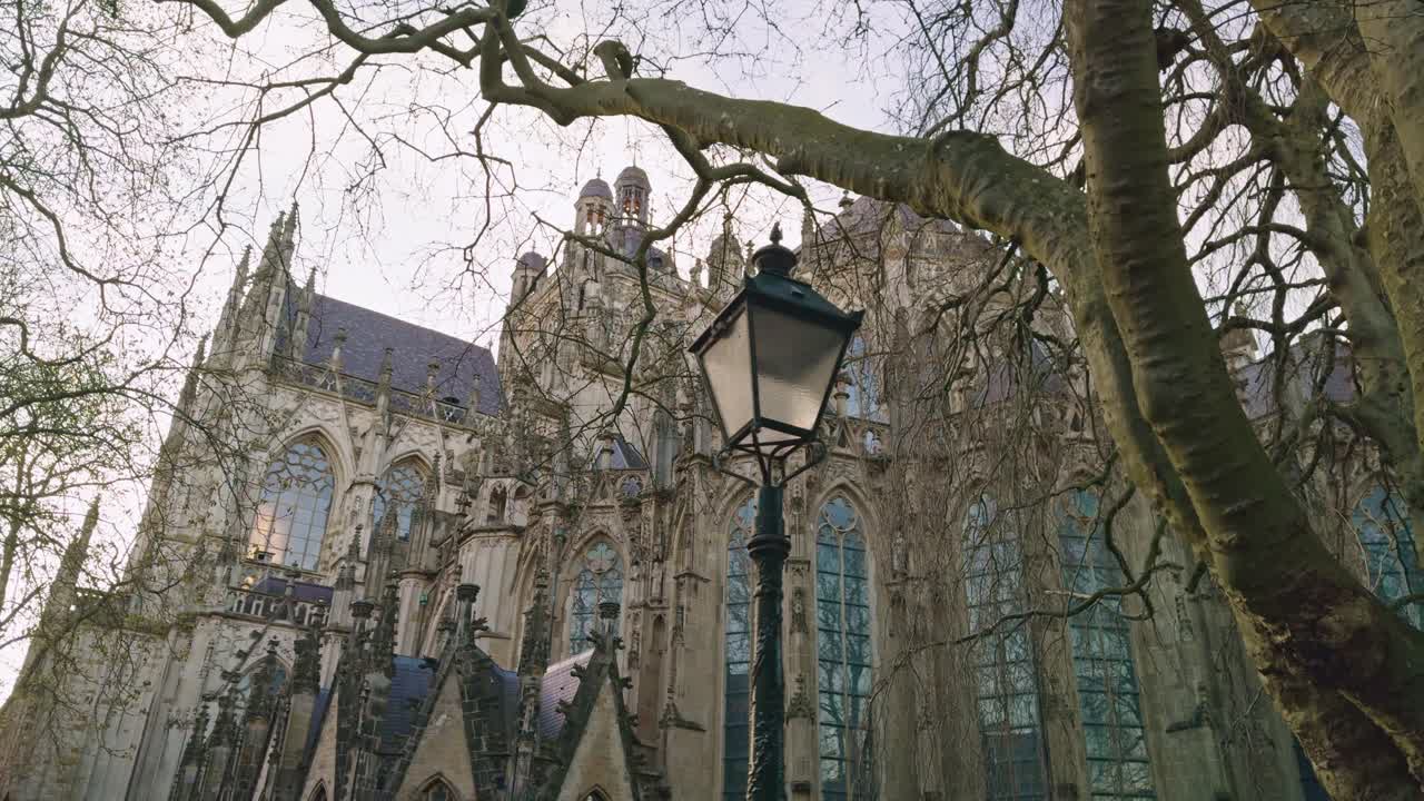 Saint John's Cathedral in 's- Hertogenbosch Den Bosch in Netherlands, low angle view of the building, trees, lantern, chapel and spires, authentic traditional Dutch European architecture style design