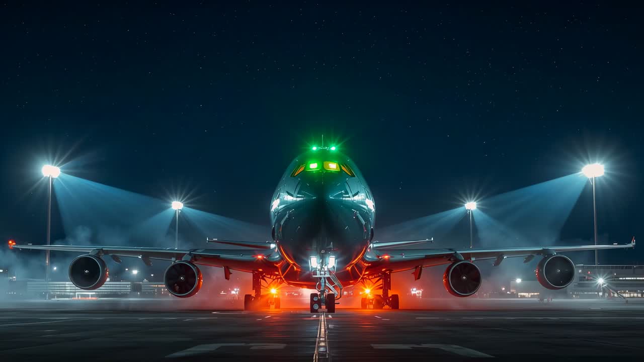 Jet a 4 motori al minimo con motori in fase di avviamento, che produce vapore di scarico sulla via di rullaggio bagnata di notte