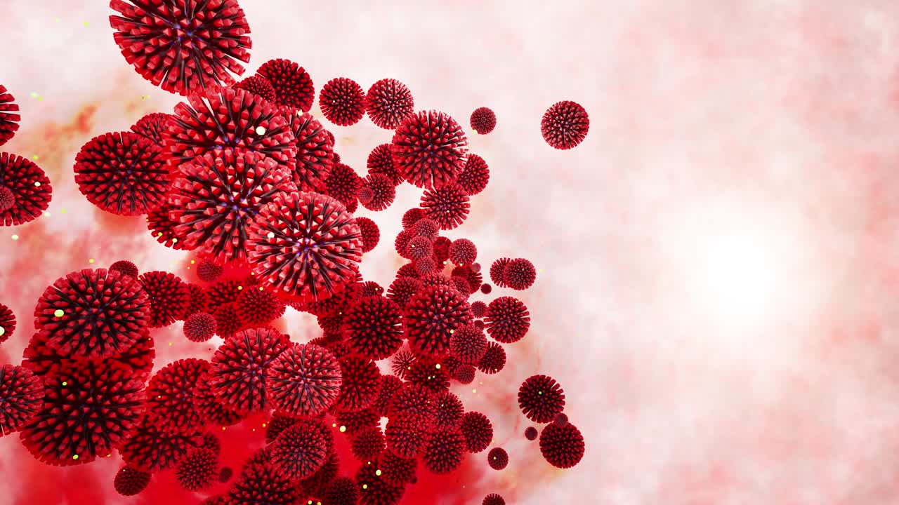 modelo 3d del coronavirus rojo en la membrana mucosa. animación suave en bucle de 4k del virus flotando en líquido. fondo microbiológico científico, representación 3d del virus. 2