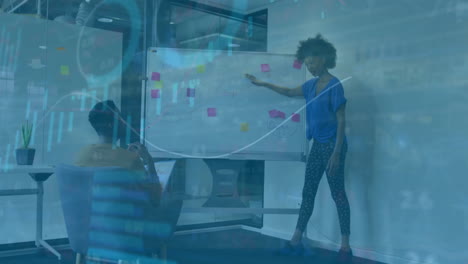 animation of data processing and statistics over diverse businesspeople in office