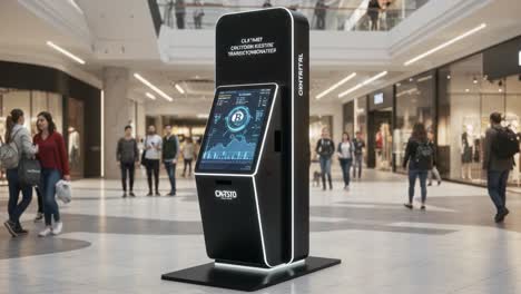 a modern cryptocurrency kiosk in a shopping mall, showcasing high-tech digital transactions and engaging customers in a bustling retail environment