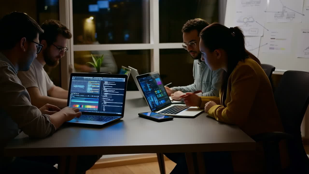 A group of professionals collaborating on laptops in an office at night