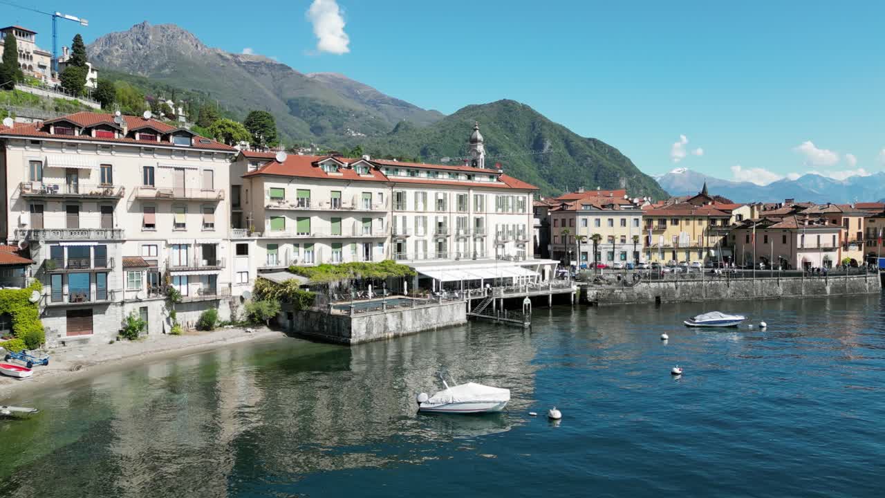 Waterfront Buildings Of Menaggio In Lake Como In Lombardy, Northern Italy. Aerial Drone Shot