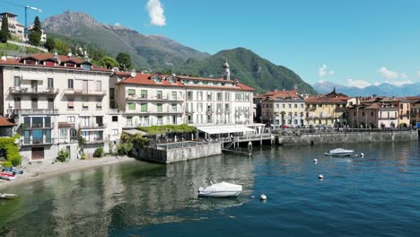waterfront buildings of menaggio in lake como in lombardy, northern italy. aerial drone shot