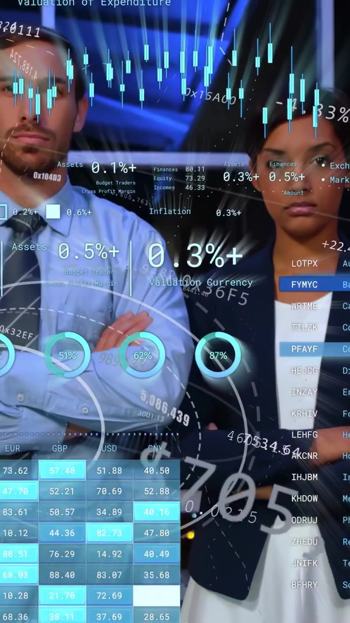 Vertical video: Sleek table with AR overlay drawing two pros crossing and reading market charts