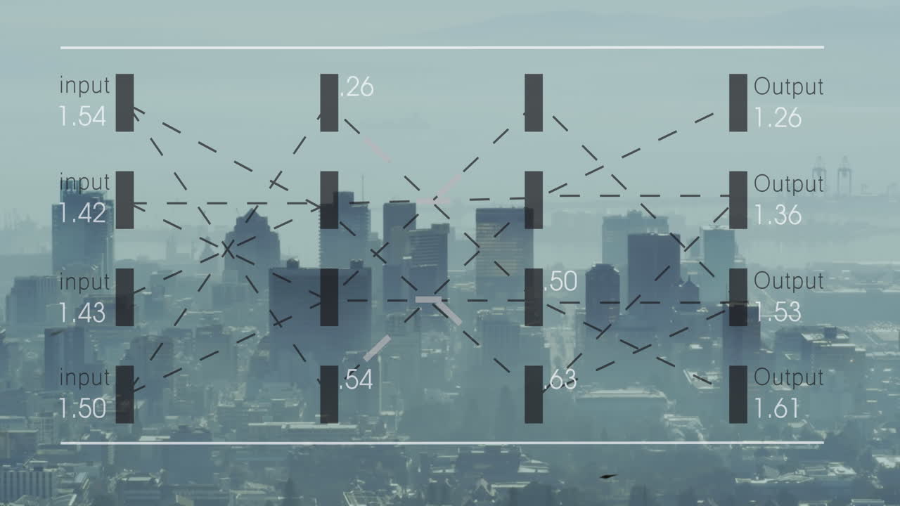 Animation of statistical data processing against aerial view of cityscape