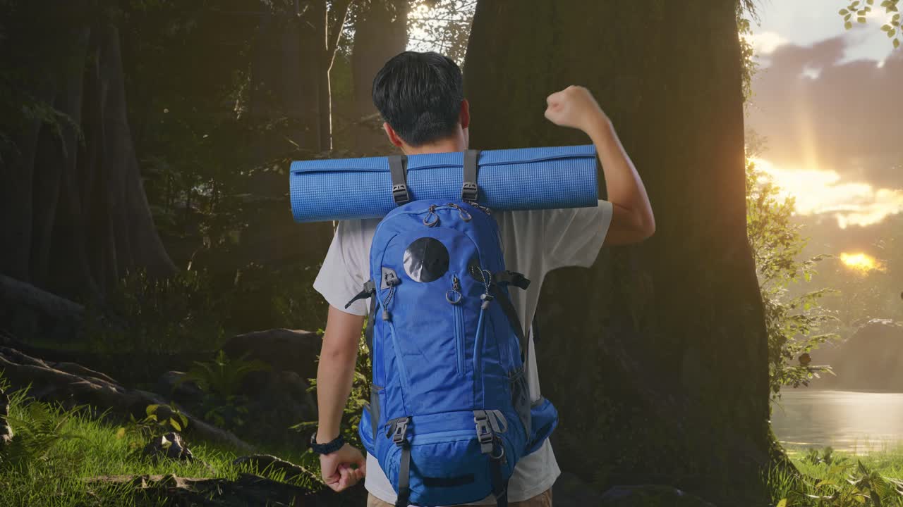 산악 배을 들고 있는 남성 하이커의 뒷면으로 숲의 자연을 탐험하는 동안 성공을 축하하는 목표를 외치고 있습니다.