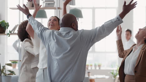 happy business people celebrating successful corporate victory throwing papers in air colleagues embrace teamwork in office meeting enjoying winning success