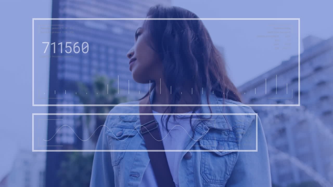 Animation of financial data processing over biracial woman using smartwatch