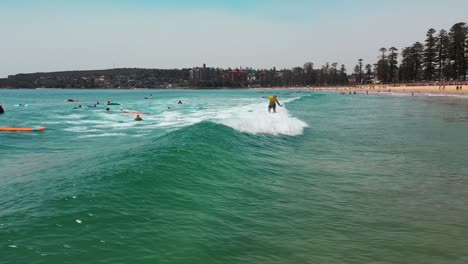 aerial of people learning to surf on small ocean waves. surf school on manly beach, sydney, australia.