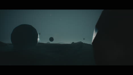 alien planet desert landscape at night with strange sphere-shaped buildings
