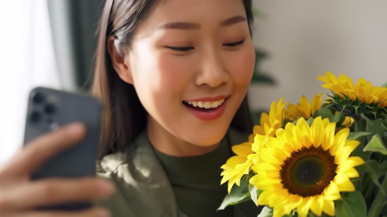 A woman excitedly captures a selfie while holding a vibrant bouquet of sunflowers. The lively atmosphere is enhanced by natural light in her cozy indoor setting.