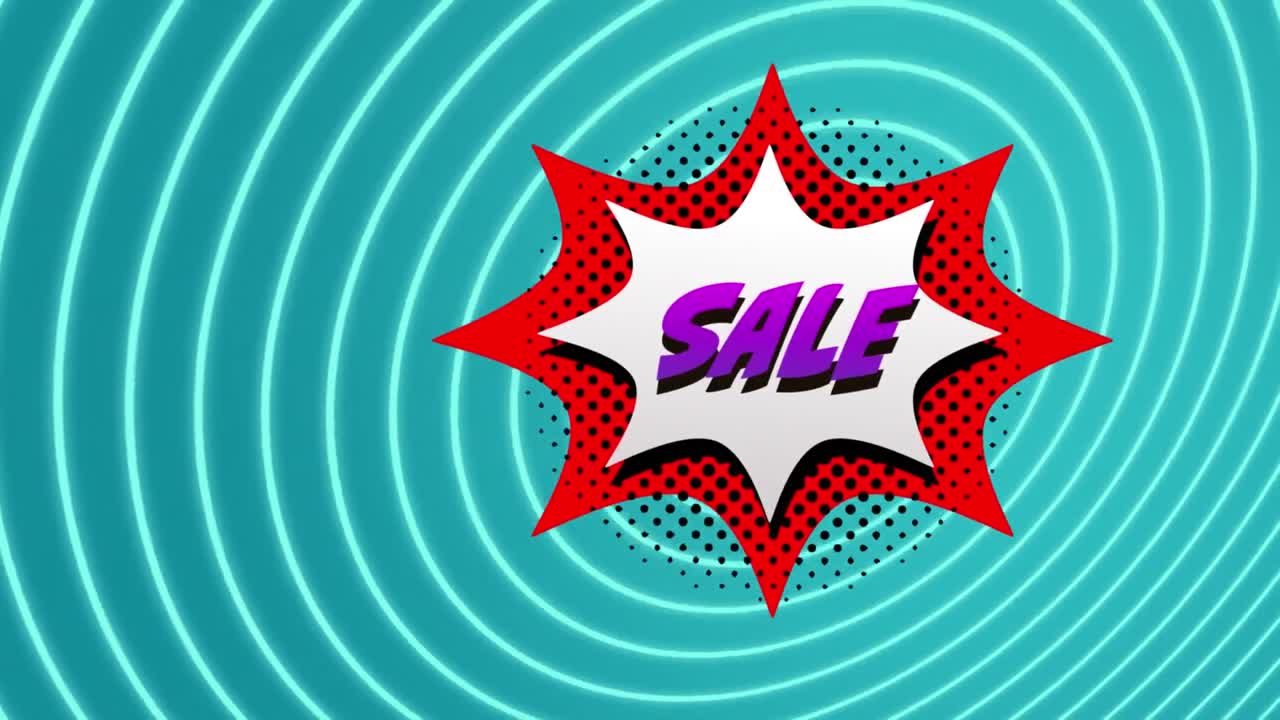 venta de texto sobre burbuja de discurso retro contra rastros de luz en espiral sobre fondo azul