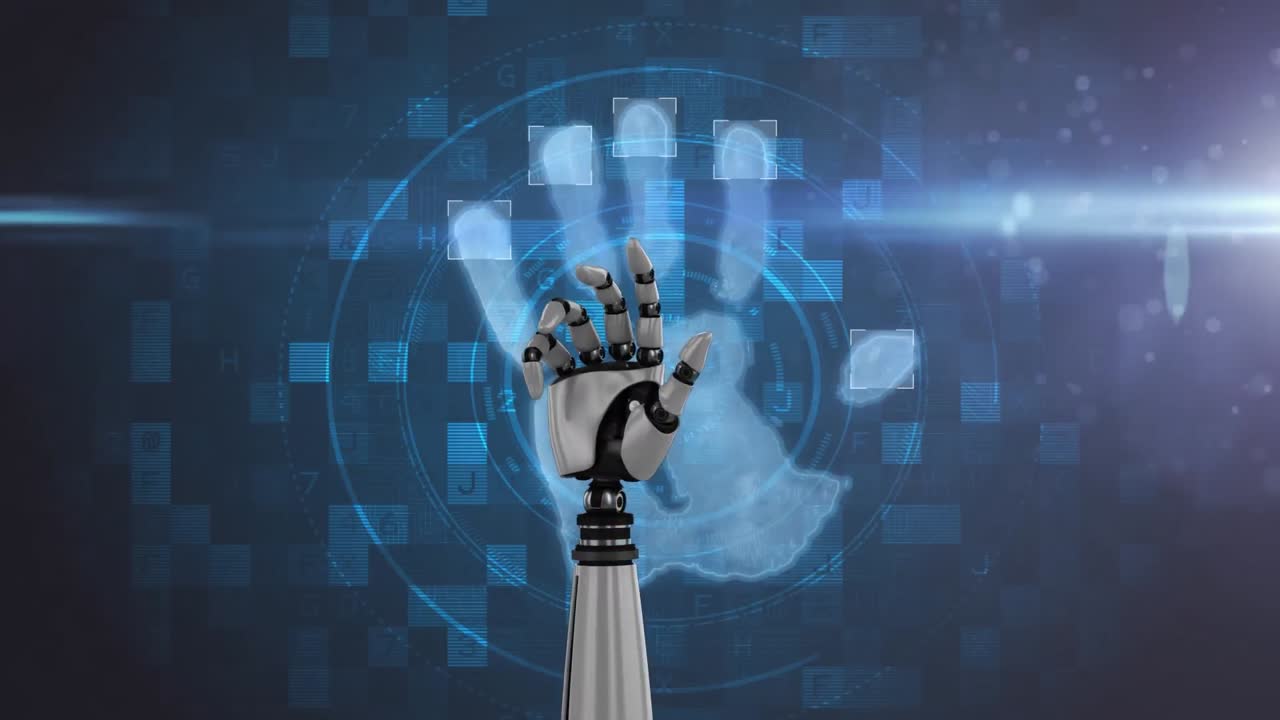 Animation of robot's hand and handprint over scope and glowing blue squares