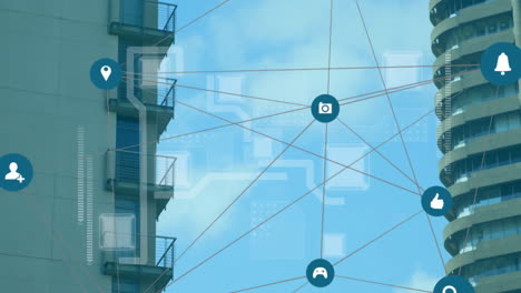 network of connections and data processing animation over high-rise buildings
