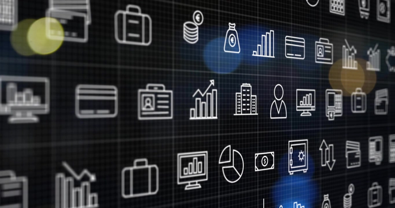 Starting financial icons scrolling left shifting while bokeh circles drifting presenting icon grid
