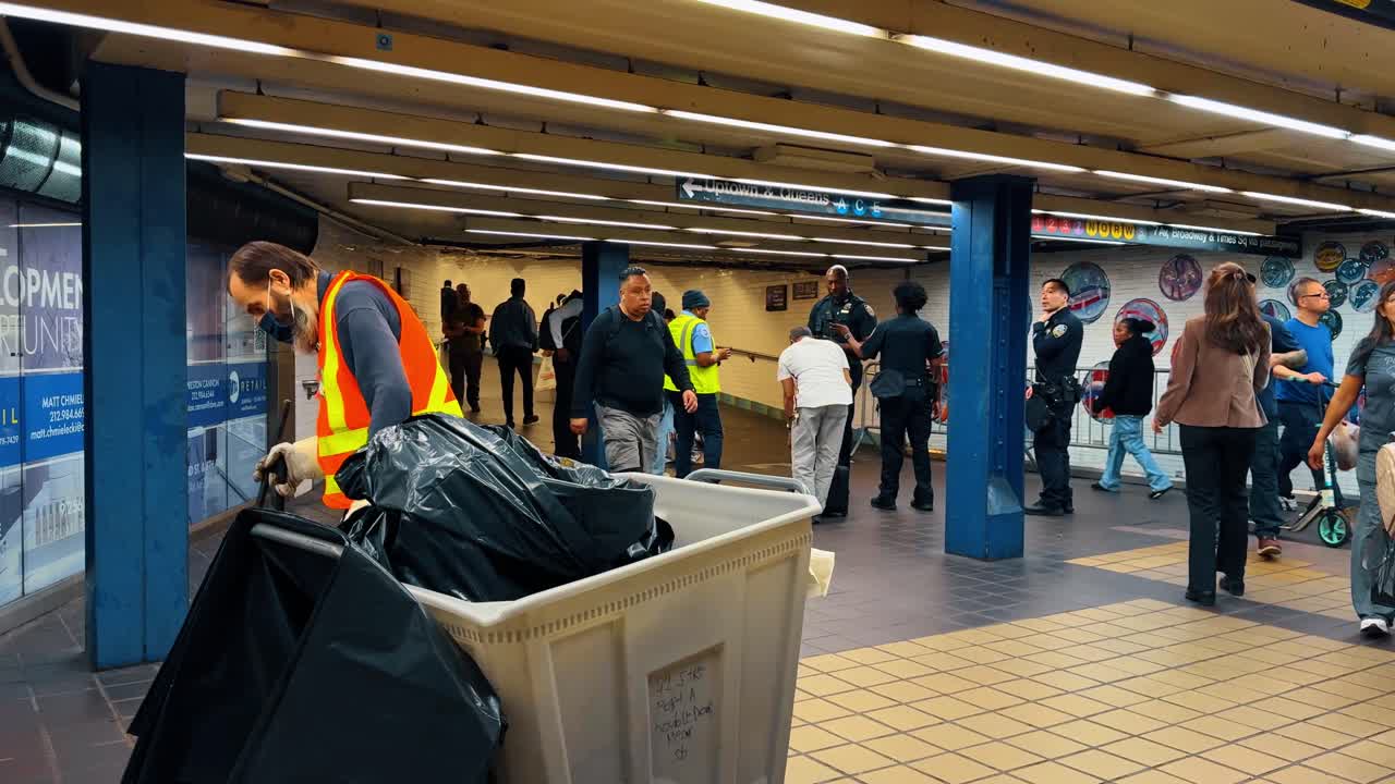 New York, AS, 5 Oktober 2025: Petugas kebersihan dan komuter di stasiun kereta bawah tanah New York City. Petugas transit berseragam rompi keselamatan menangani kantong sampah di koridor stasiun kereta bawah tanah NYC yang sibuk