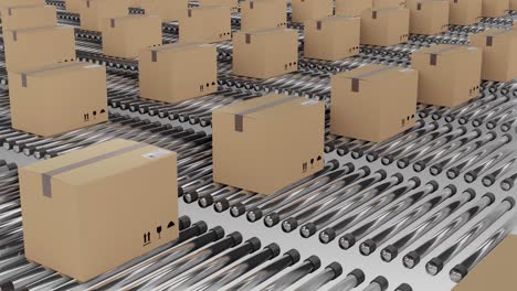 Rows-of-cardboard-packing-boxes-moving-on-conveyor-belts