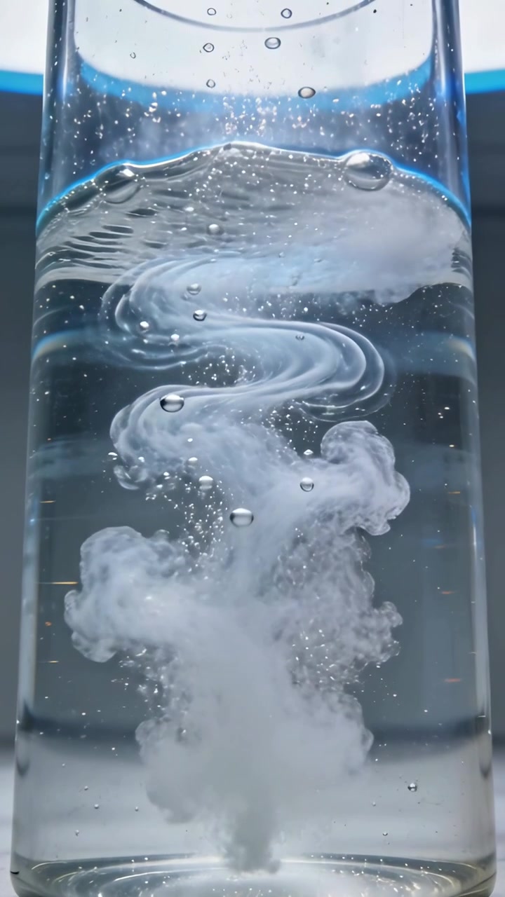 Video verticale: pennacchio bianco che si forma e sale in un bicchiere alto d'acqua sul tavolo, emettendo piccole bolle