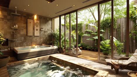 luxurious indoor/outdoor spa with hot tub and indoor plants