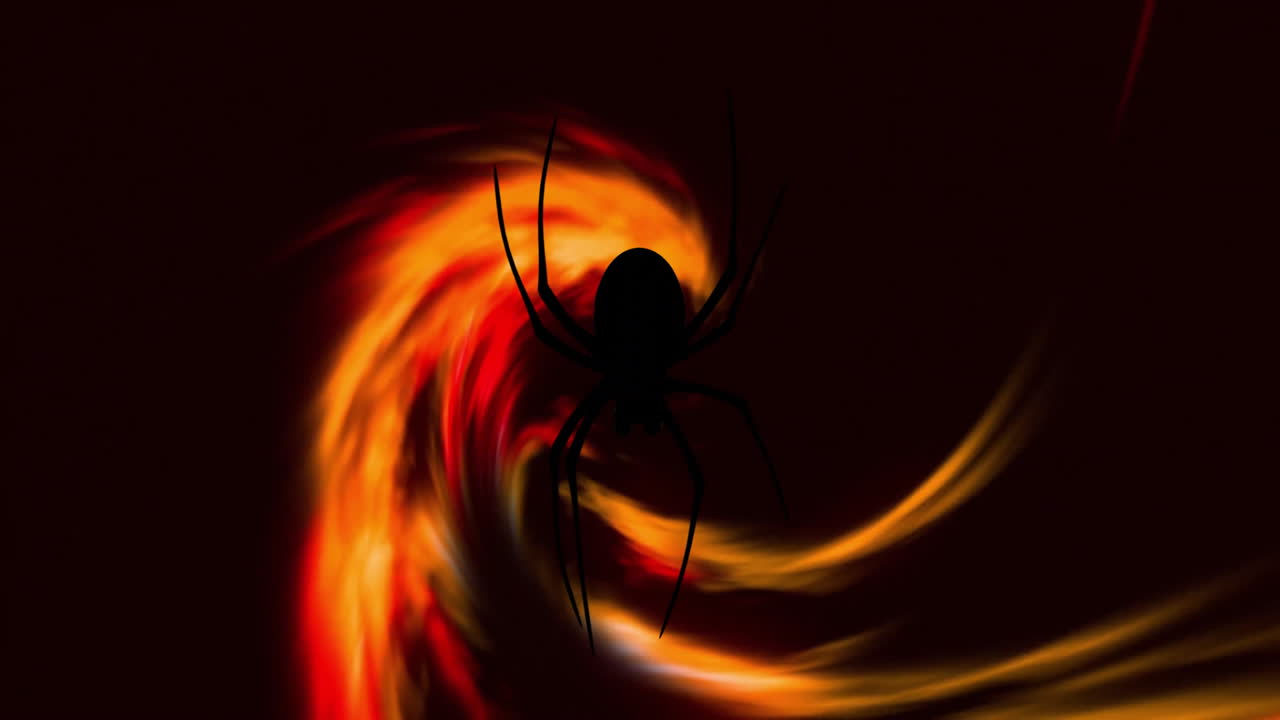 Spider silhouette over swirling fiery animation background, creating dramatic effect