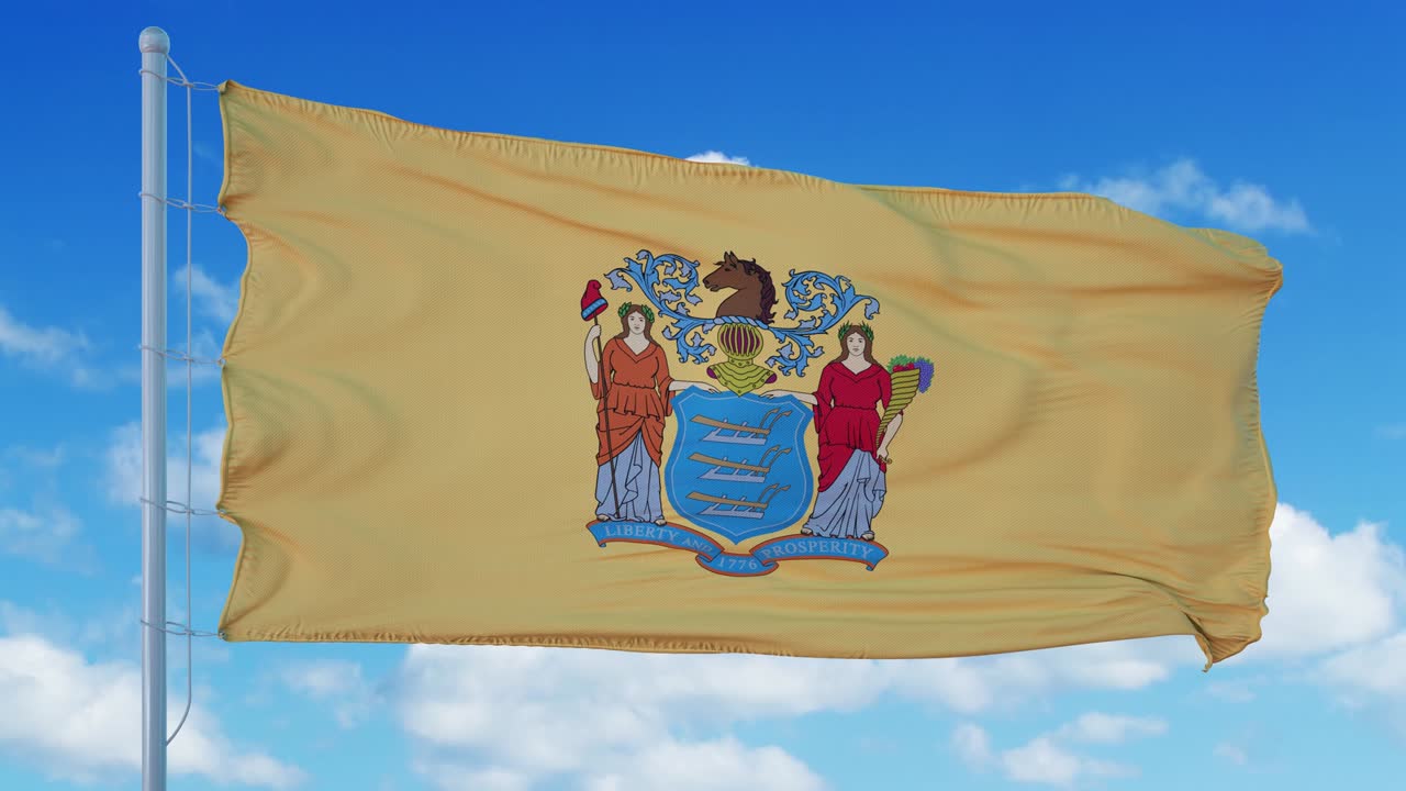 바람에 흔들리는 발 기둥에 새 jersey 발, 파란 하늘 배경.