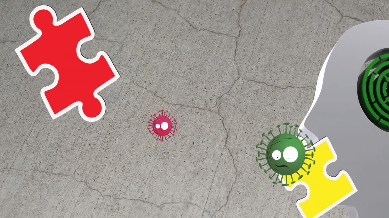 Animation of virus cells over colourful puzzles