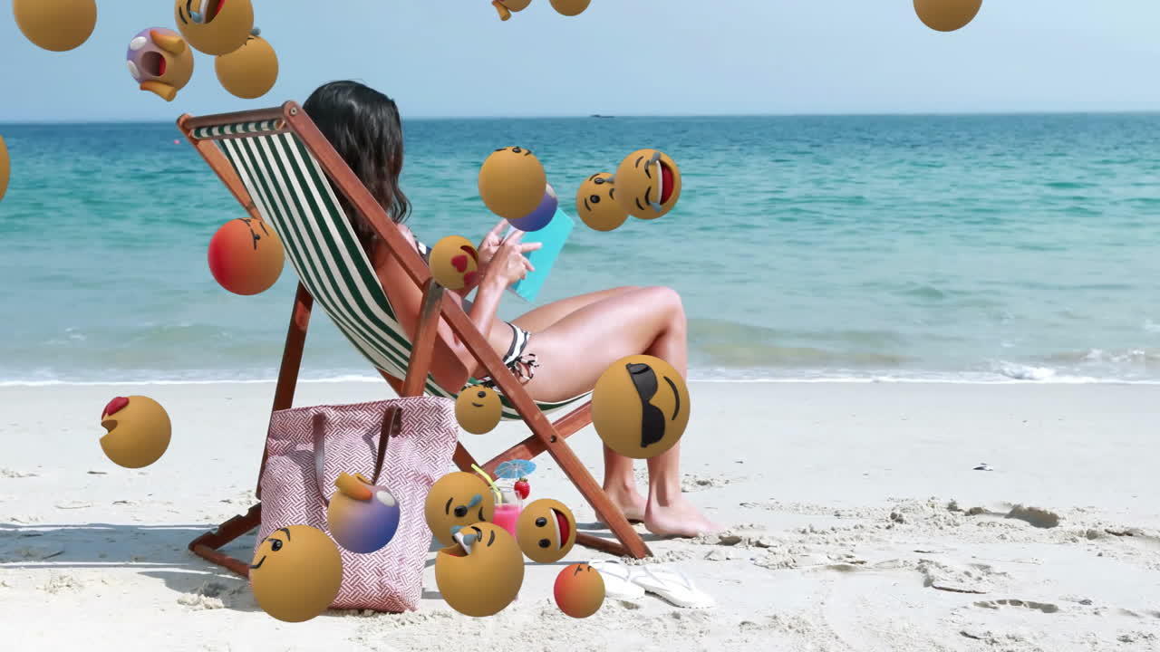 Woman relaxing on beach chair reading book with floating emoji animation