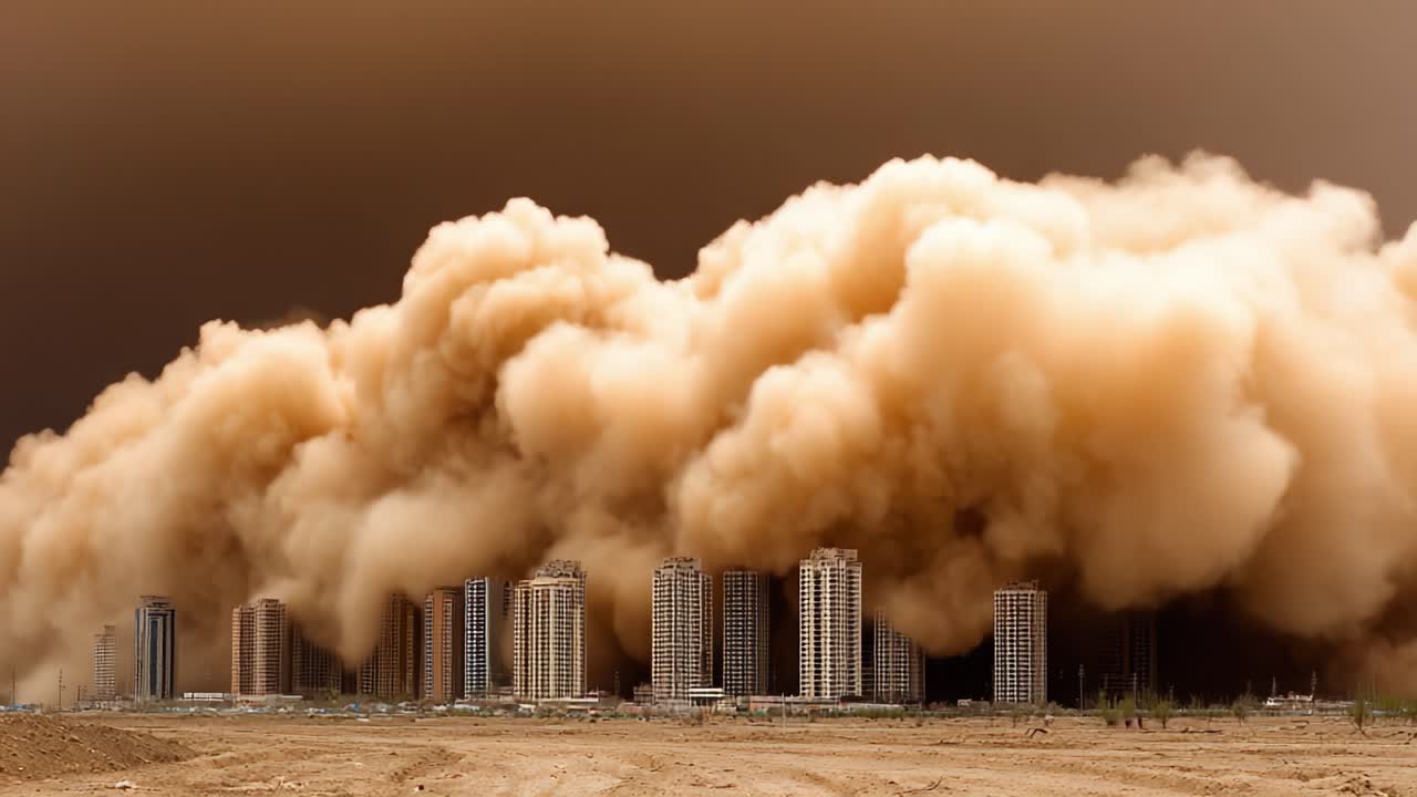 Ein dramatischer Staubsturm nähert sich einer Wolkenkratzerstadt, hüllt Gebäude bedrohlich in eine dicke Schicht braunen Staubes und verwandelt die Landschaft in eine beunruhigende Szene.
