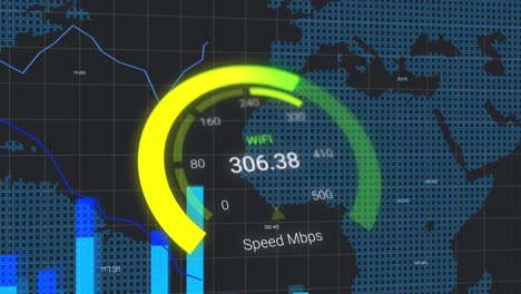 Animación-De-Procesamiento-De-Datos-Y-Mapa-Mundial-Sobre-Velocímetro.