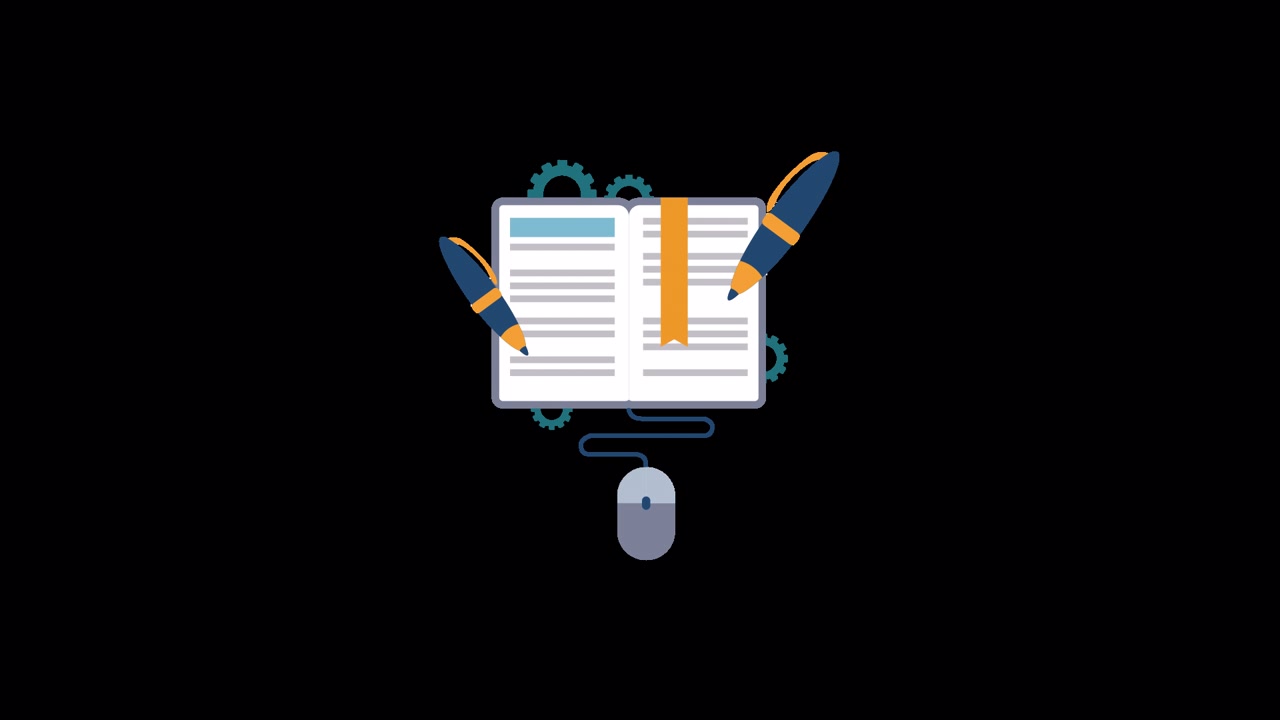 Animated Illustration of a Notebook with Pens, Mouse, and Gears