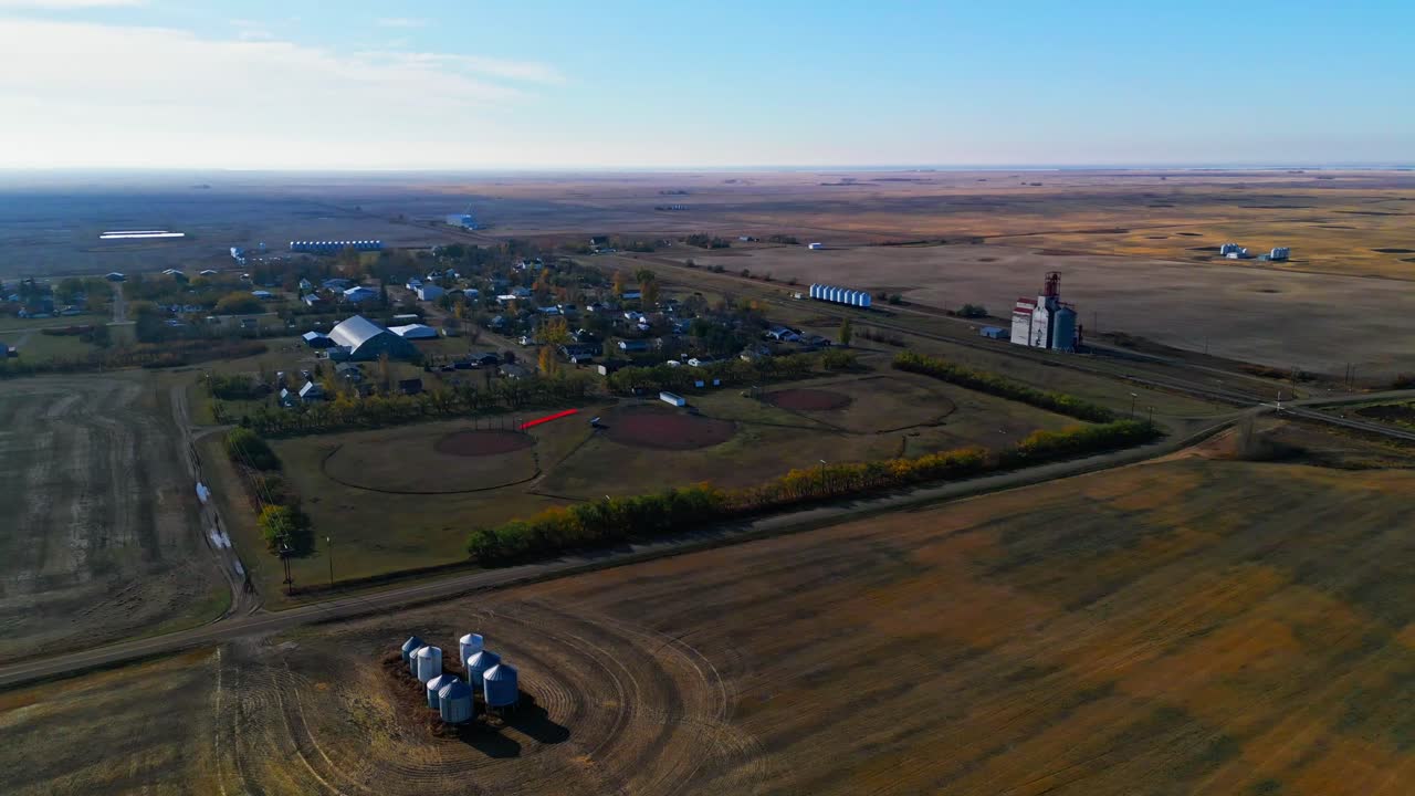 Aerial view of rural Loreburn small town surrounded by agricultural fields, Saskatchewan, Canada
