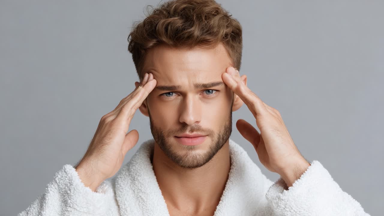 A young man in a white robe shows expressions of stress and contemplation by gently pressing his temples with both hands against a neutral background, highlighting a moment of introspection