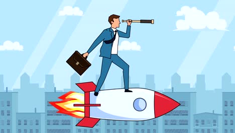 flat cartoon businessman character with case bag and looks through spyglass fly on rocket startup concept animation