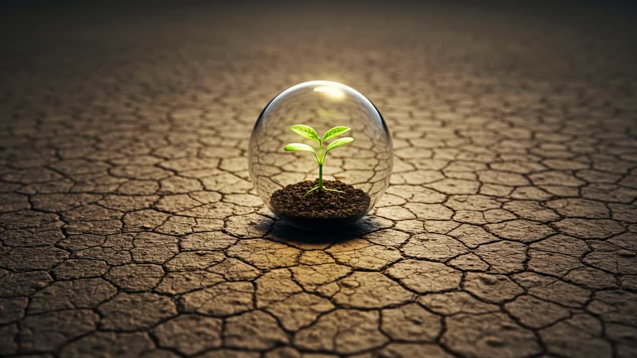 In a carefully protected glass dome, a new life bravely emerges from the parched soil, symbolizing both resilience and hope for the future