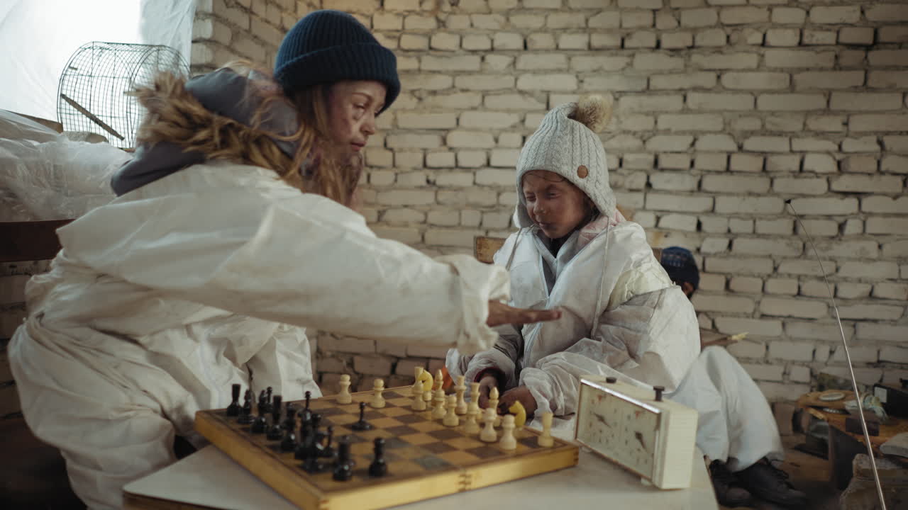 Two orphans in dirty winter clothes play chess on wooden board as older girl taps clock after pawn move while someone partially visible in background sharpens wood inside cold brick walled shelter