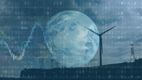 animación de codificación binaria y procesamiento de datos sobre la turbina eólica